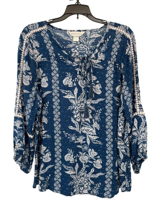 Christopher & Banks Tops - Christopher & Banks Blue Boho Blouse S Tassel Tie Rayon Used Lightweight